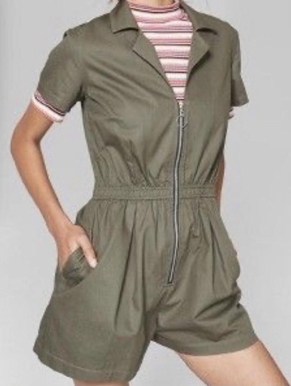 Wild Fable 100% Cotton Zippered Utility Shorts Romper — Olive Green